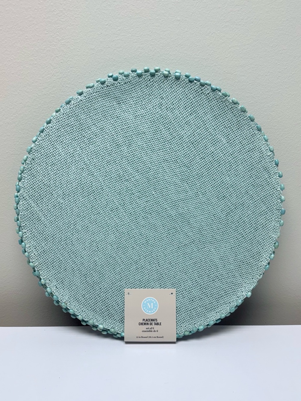 Set of 6 Martha Stewart Round Mint Green 15” Placemats, Wooden Beads on edge